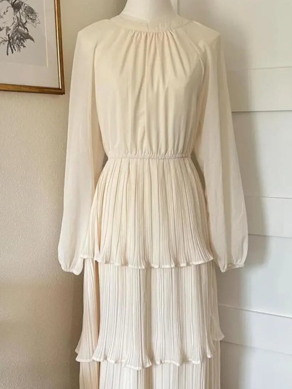 Cream Pleated Tiered Maxi Dress